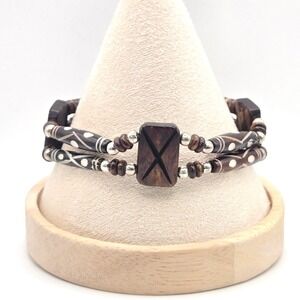 Handmade Wood and Carved Buffalo Bone Double Strand Beaded Bracelet Brown White